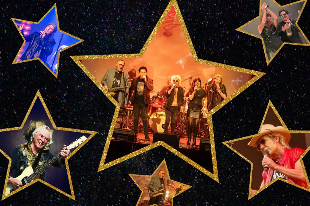 Stars of Countdown touring Australia in 2025. Starring Brian Mannix, Scott Carne, Ally Fowler, Wilbur Wilde, Sean Kelly and Bob 'Bongo' Starkie featured in gold glittery stars.