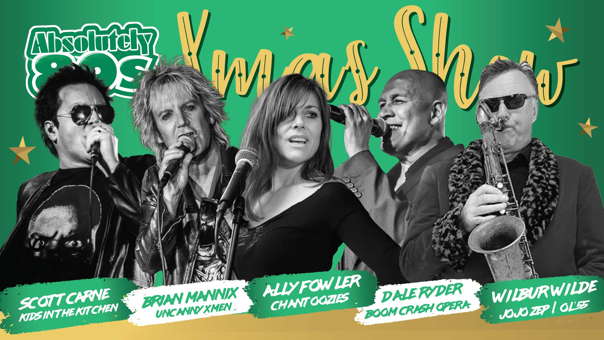 Headshots of the Absolutely 80s Christmas show lineup. Scott Carne, Brian Mannix, Ally Fowler, Dale Ryder and Wilbur Wilde.